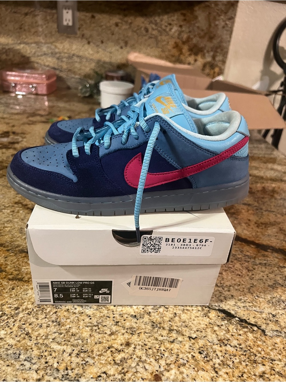 Nike Dunk Low Pro SB in Navy and Light Blue with Pink Swoosh